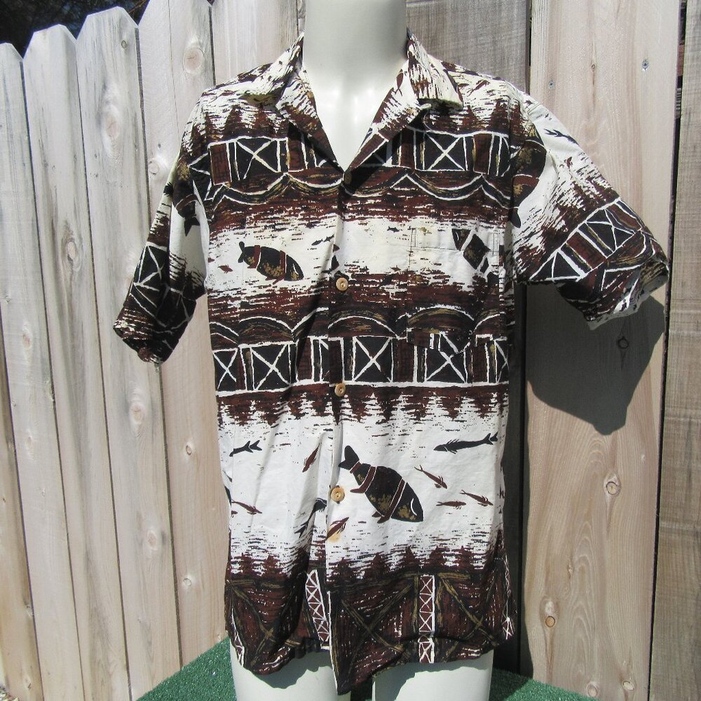 Vintage Hawaiian Surf Pacific Sportswear Fish Handprint Shirt Men's Size Large